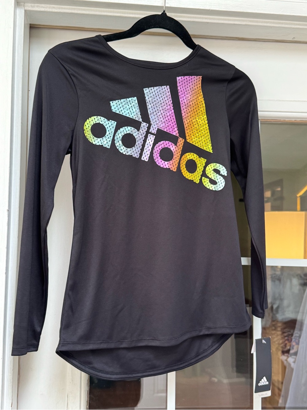 NWT adidas Climalite Girls Large 14 Black Top Rainbow Metallic Logo Athletic